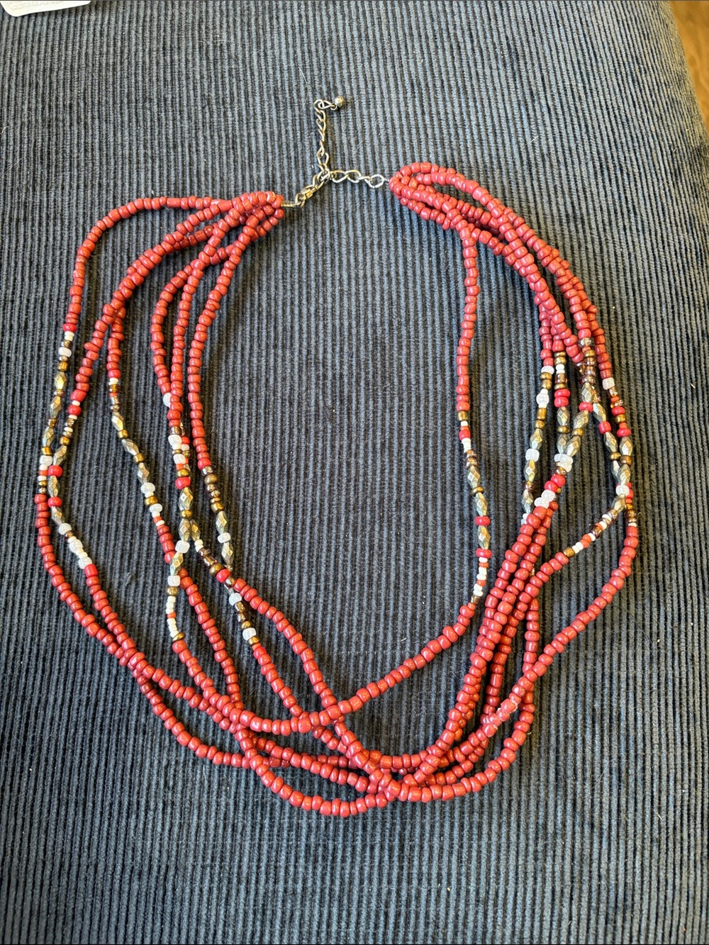 18-vintage Red Multistrand Beaded Necklace with Gold Accents